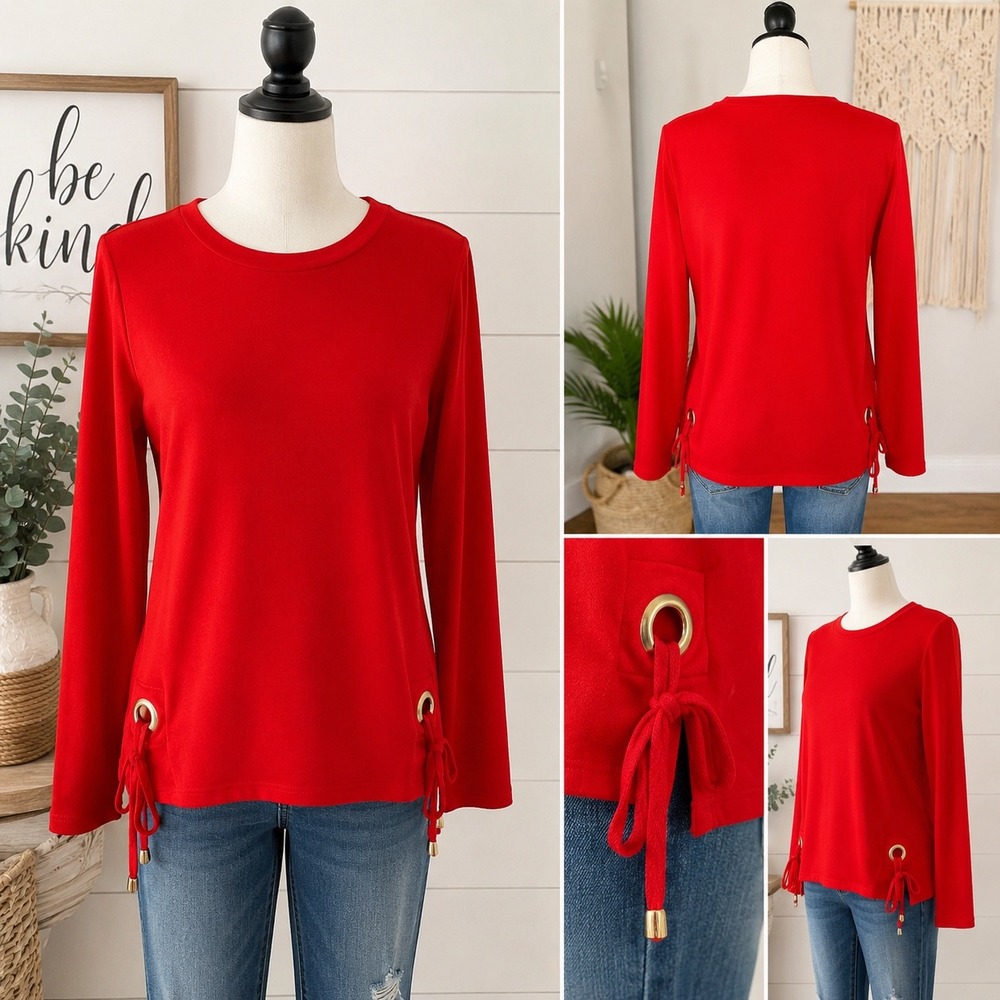 Jeanne Pierre Red Long Sleeve Grommet Tie Side Top Crewneck Pullover Large